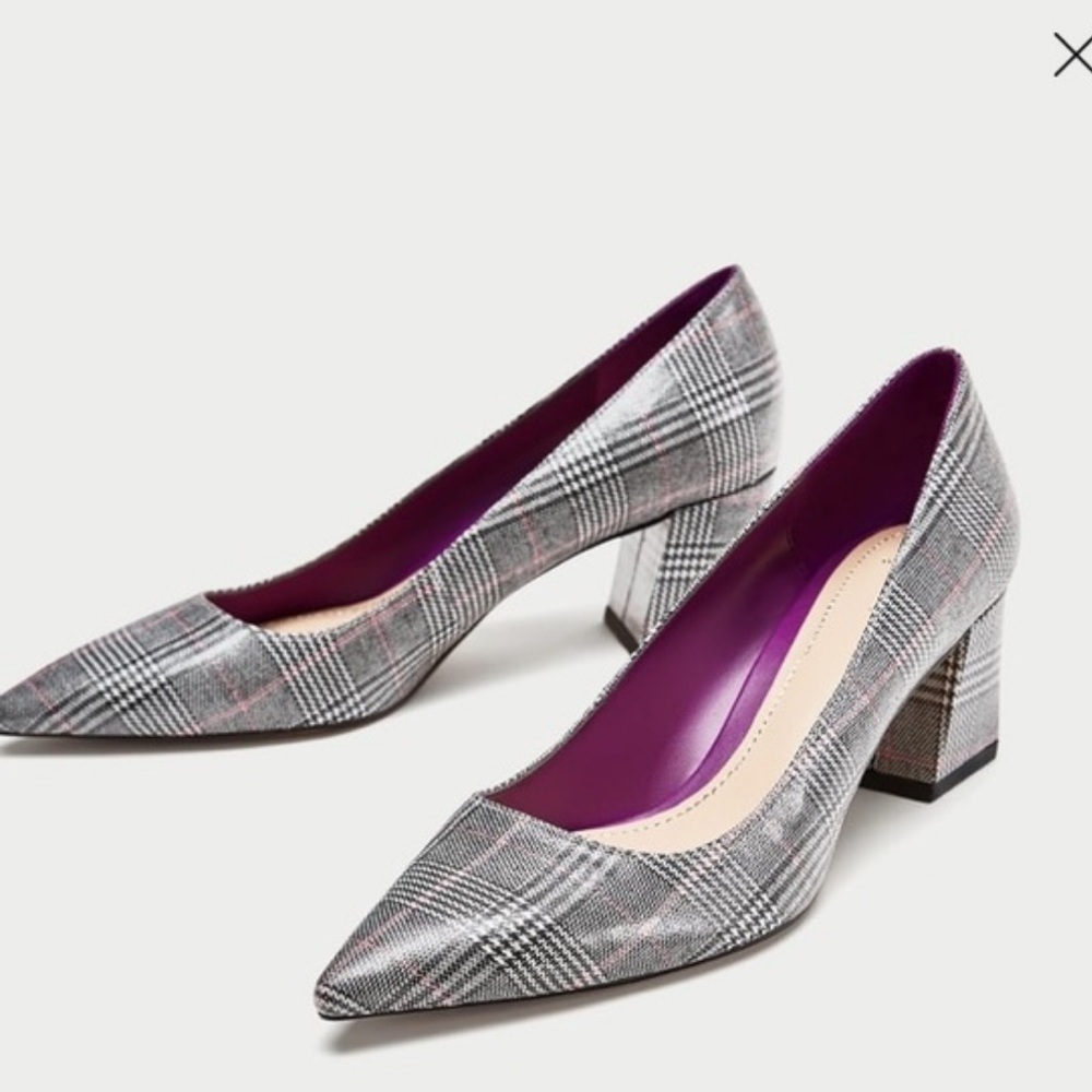 Zara Checkered Houndstooth Plaid Block Heel Pointed Toe Pumps Size 7.5
